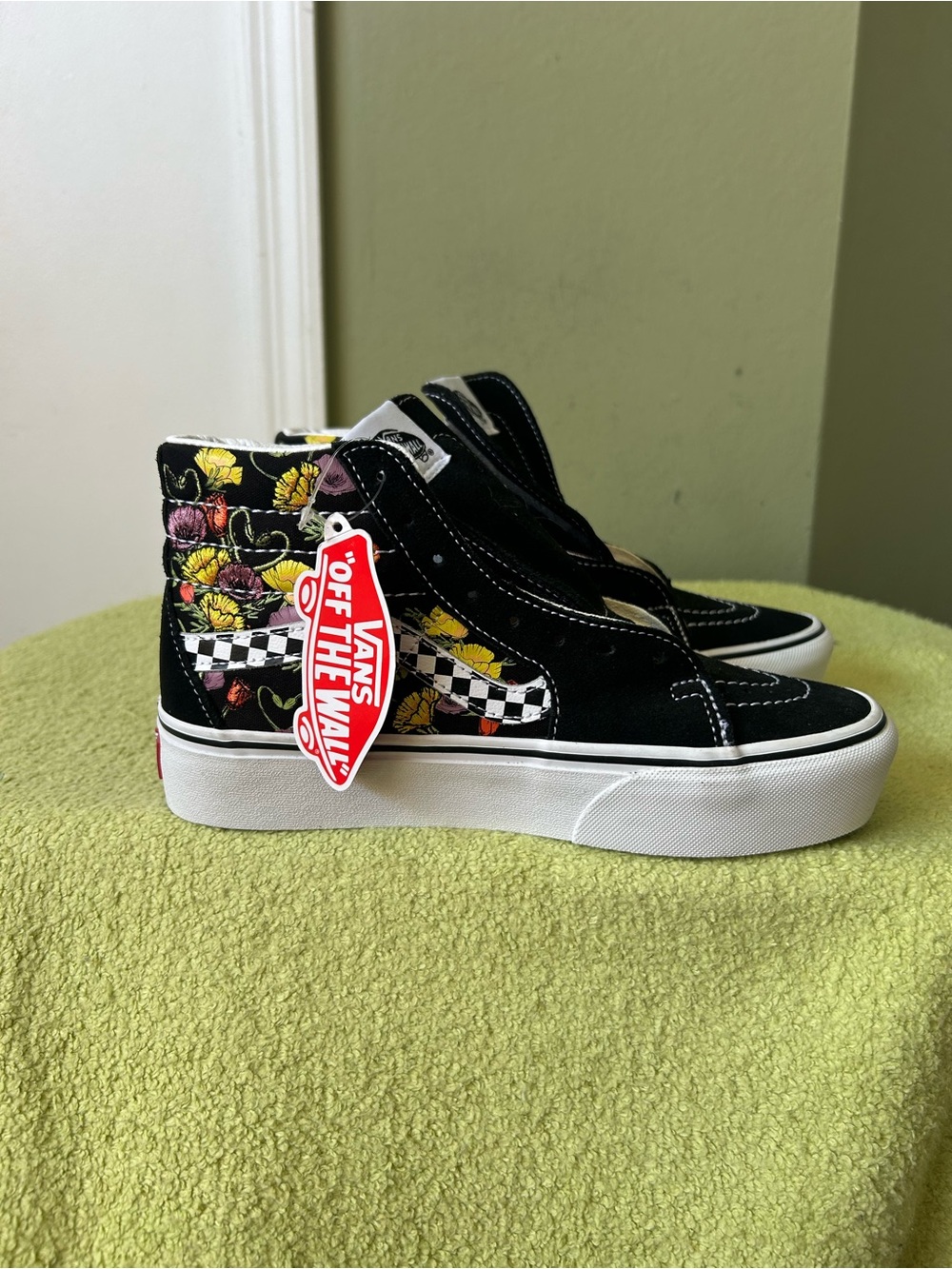 NWT Vans Black High-Top Platform Sneakers with Yellow  Floral Checkerboard